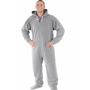 Forever Lazy Gray Fleece Adult Onesie Hooded Footed Jumpsuit Drop Seat Large NWT